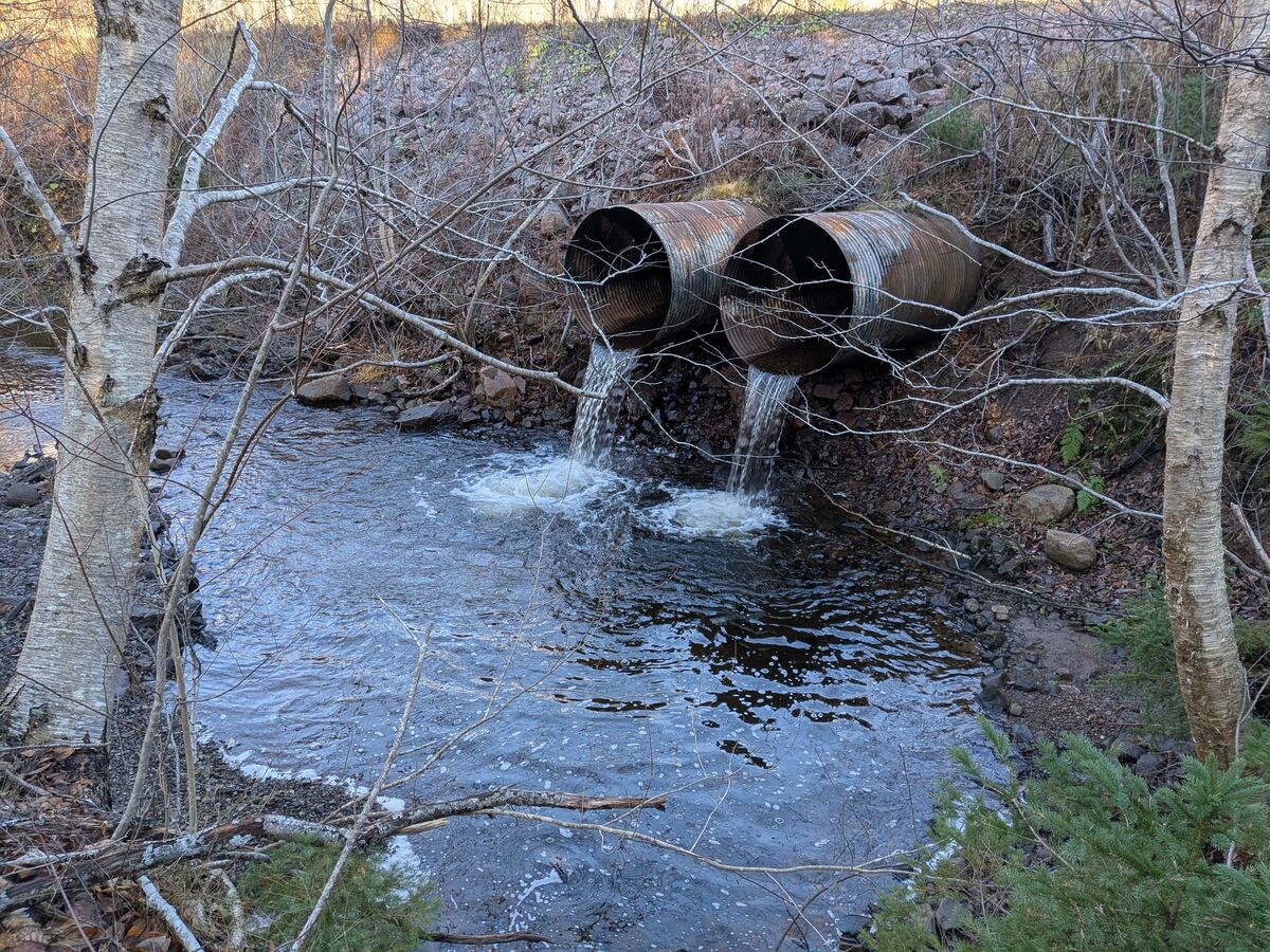 Two perched culverts creating a fish passage barrier
