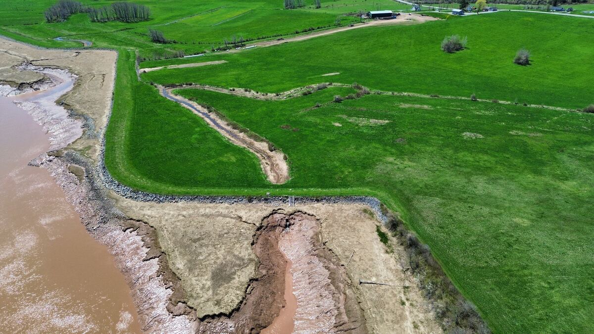 Drone view of a tidal watercourse and dyke on farmland in Nova Scotia